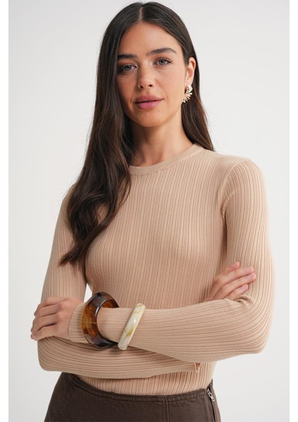 6938 Kadın Bisiklet Yaka Fitilli Triko Body Camel fırsatları