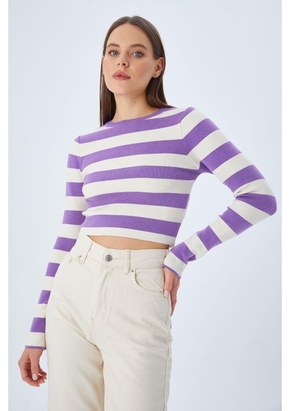 6644 Kadın Bisiklet Yaka Çizgili Kazak Lila