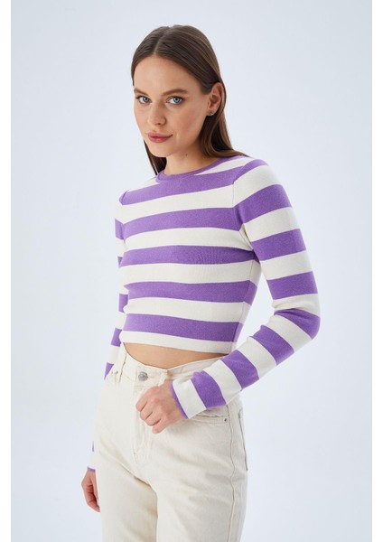 6644 Kadın Bisiklet Yaka Çizgili Kazak Lila modelleri