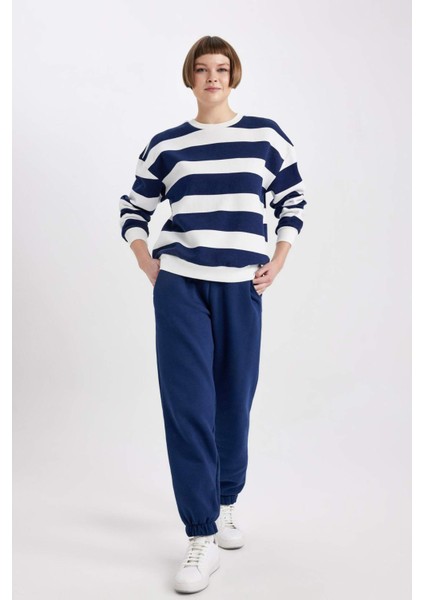 Relax Fit Çizgili Bisiklet Yaka Sweatshirt