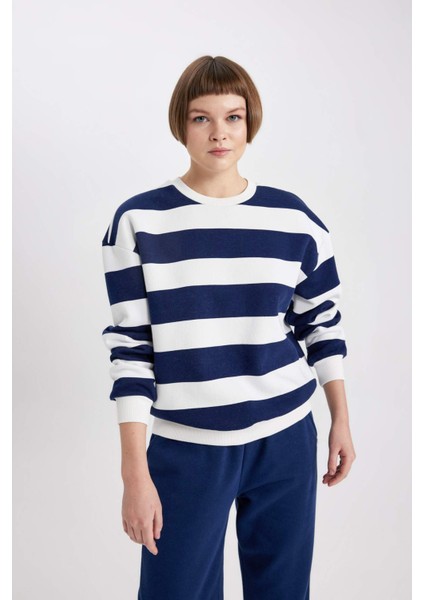 Relax Fit Çizgili Bisiklet Yaka Sweatshirt