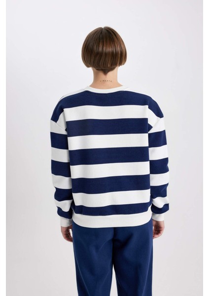 Relax Fit Çizgili Bisiklet Yaka Sweatshirt