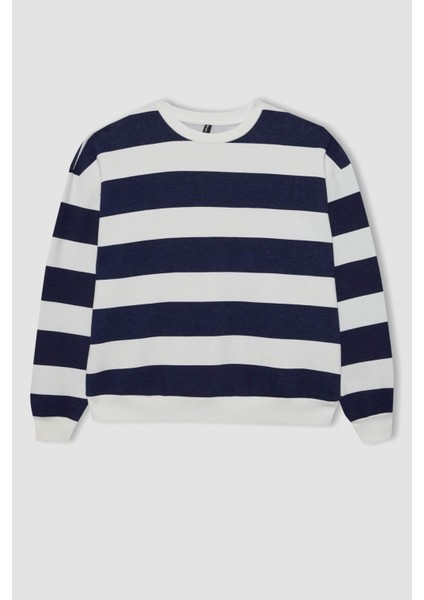 Relax Fit Çizgili Bisiklet Yaka Sweatshirt