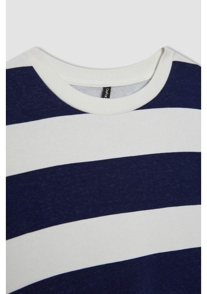 Relax Fit Çizgili Bisiklet Yaka Sweatshirt