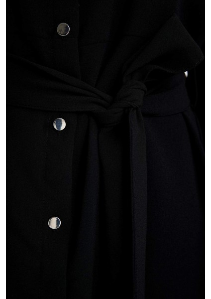 Gömlek Yaka Kuşaklı Uzun Kollu Mini Krep Elbise B2021AX23AU