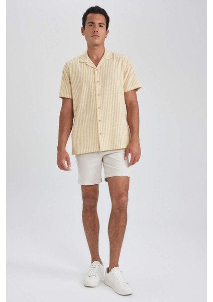Regular Fit Apaş Yaka Çizgili Pamuklu Kısa Kollu Gömlek B2813AX23HS
