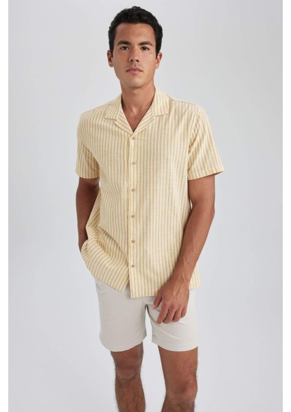 Regular Fit Apaş Yaka Çizgili Pamuklu Kısa Kollu Gömlek B2813AX23HS