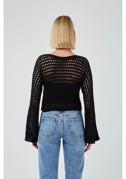 6853 Kadın Ispanyol Kol Ajurlu Crop Kazak Siyah modelleri