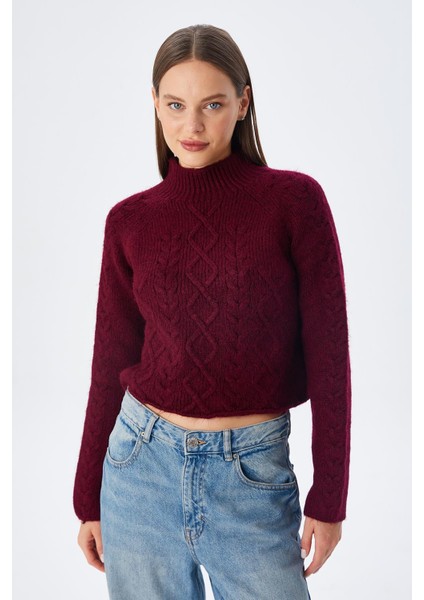 6855 Kadın Dik Yaka Saç Örgülü Triko Kazak Bordo modelleri