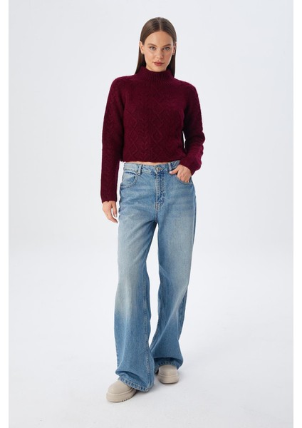 6855 Kadın Dik Yaka Saç Örgülü Triko Kazak Bordo fırsatları