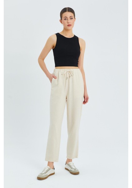 4566 Kadın Lastikli Bel Keten Pantolon Naturel
