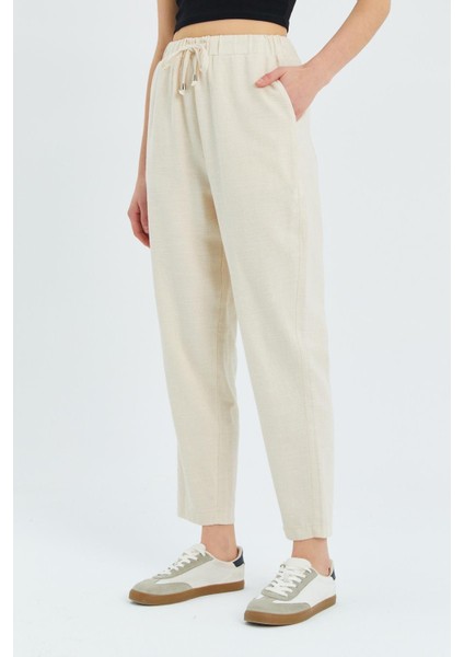 4566 Kadın Lastikli Bel Keten Pantolon Naturel indirimleri