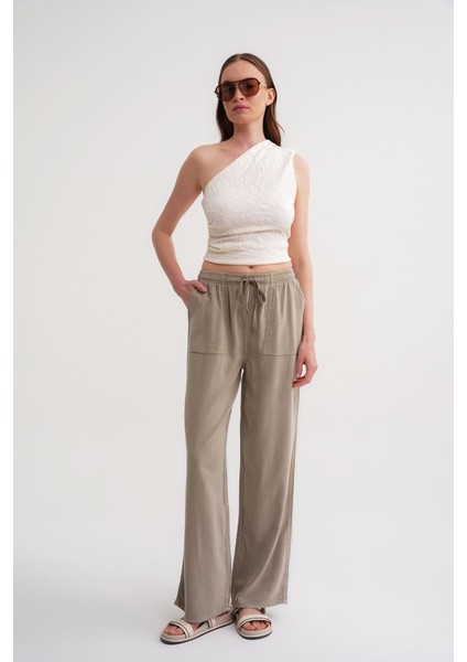 4629 Kadın Bol Paça Yüksek Bel Viskon Palazzo Pantolon Toprak