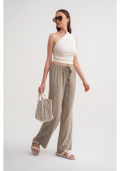 4629 Kadın Bol Paça Yüksek Bel Viskon Palazzo Pantolon Toprak fiyatları