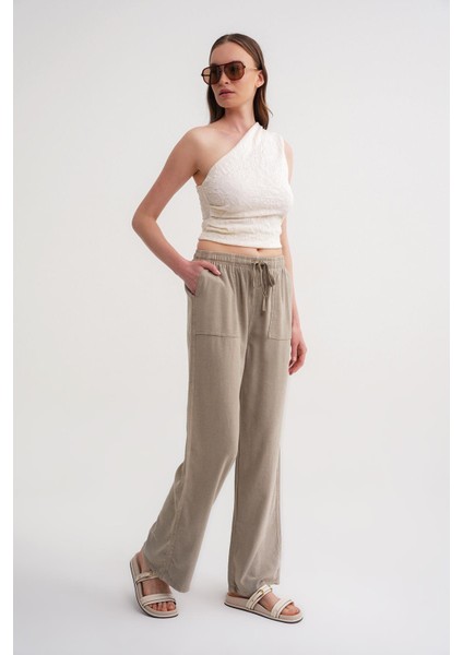 4629 Kadın Bol Paça Yüksek Bel Viskon Palazzo Pantolon Toprak modelleri