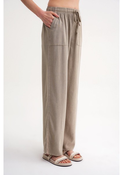 4629 Kadın Bol Paça Yüksek Bel Viskon Palazzo Pantolon Toprak indirimleri