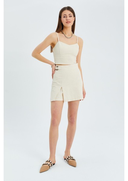 4565 Kadın Yırtmaçlı Toka Detaylı Keten Etek Naturel