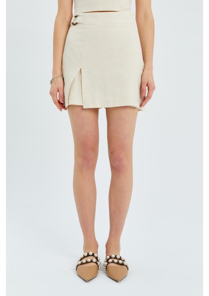 4565 Kadın Yırtmaçlı Toka Detaylı Keten Etek Naturel modelleri