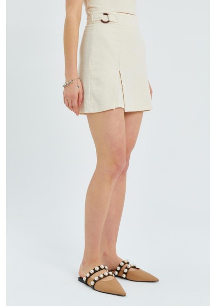 4565 Kadın Yırtmaçlı Toka Detaylı Keten Etek Naturel fırsatları