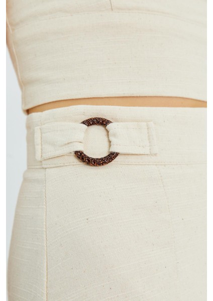 4565 Kadın Yırtmaçlı Toka Detaylı Keten Etek Naturel indirimleri