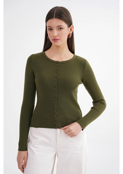 6931 Kadın Düğmeli Fitilli Triko Hırka Haki modelleri