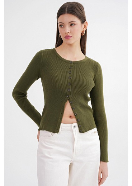 6931 Kadın Düğmeli Fitilli Triko Hırka Haki fırsatları