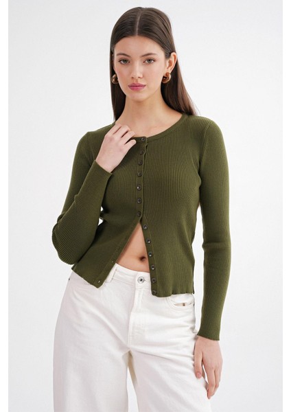 6931 Kadın Düğmeli Fitilli Triko Hırka Haki indirimleri