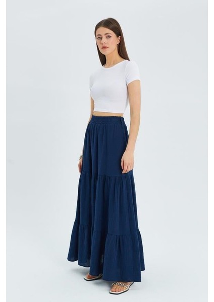 4567 Kadın Fırfırlı Uzun Müslin Etek Lacivert modelleri