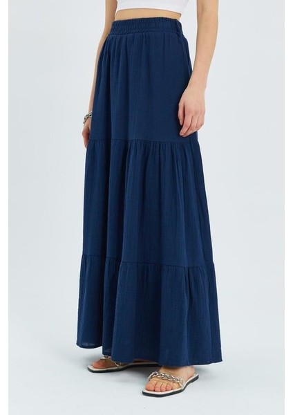 4567 Kadın Fırfırlı Uzun Müslin Etek Lacivert indirimleri
