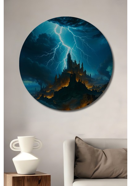Kıyamet Gününde Yanan Kaleler Yağlı Boya Görünümlü Ev/işyeri/ofis Dekoratif Ahşap Yuvarlak Tablo