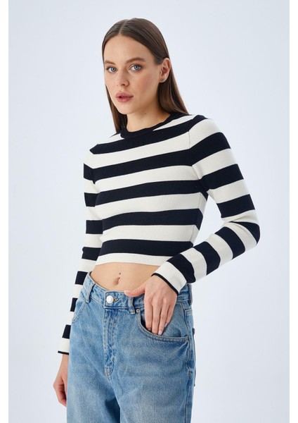 6644 Kadın Bisiklet Yaka Çizgili Kazak Siyah modelleri