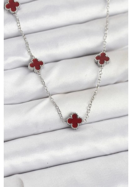 316L Çelik Zincir Gümüş Renk Bordo Baby Boy Yonca Kadın Kolye