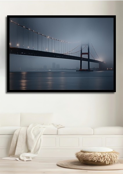 Çerçeve Görünümlü Sisli Golden Gate Köprüsü Yağlı Boya Görünümlü Dekoratif Ahşap Ofis Kare Tablo