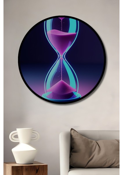 Çerçeve Görünümlü Neon Kum Saati Zamanı Durduran Modern Sanat Ofis Dekoratif Ahşap Yuvarlak Tablo