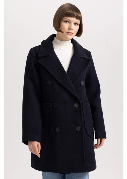 Regular Kalıp Kruvaze Yaka Düğmeli Cepli Yünlü Hafif Uzun Kaşe Kaban A9899AX23WN