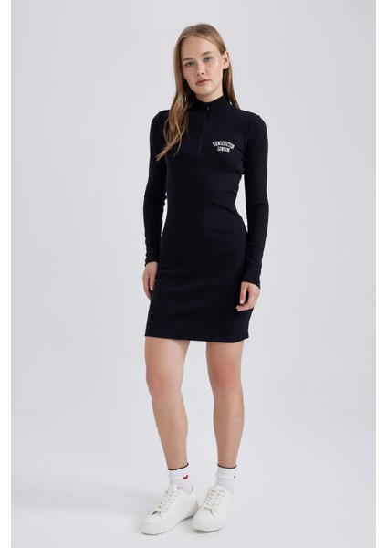 Coool Bodycon Yarım Balıkçı Yaka Fitilli Kaşkorse Uzun Kollu Mini Elbise B2467AX23AU