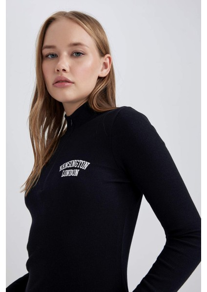 Coool Bodycon Yarım Balıkçı Yaka Fitilli Kaşkorse Uzun Kollu Mini Elbise B2467AX23AU