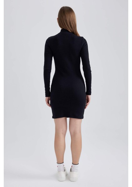 Coool Bodycon Yarım Balıkçı Yaka Fitilli Kaşkorse Uzun Kollu Mini Elbise B2467AX23AU