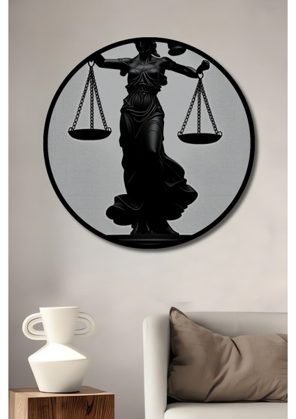 Çerçeve Görünümlü Adalet Tanrıçası Temalı Siyah Beyaz Dekoratif Ahşap Ev/işyeri/ofis Yuvarlak Tablo