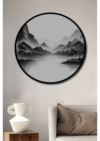 Çerçeve Görünümlü Siyah Beyaz Dağlar ve Ağaçlar Kara Kalem Görünümlü Ahşap Ofis Yuvarlak Tablo