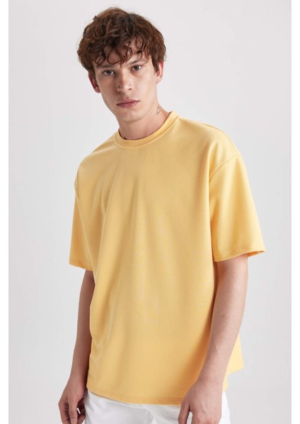 Oversize Geniş Kalıp Bisiklet Yaka Kısa Kollu Basic Düz Ağır Kumaş Tişört X3926AZ23AU