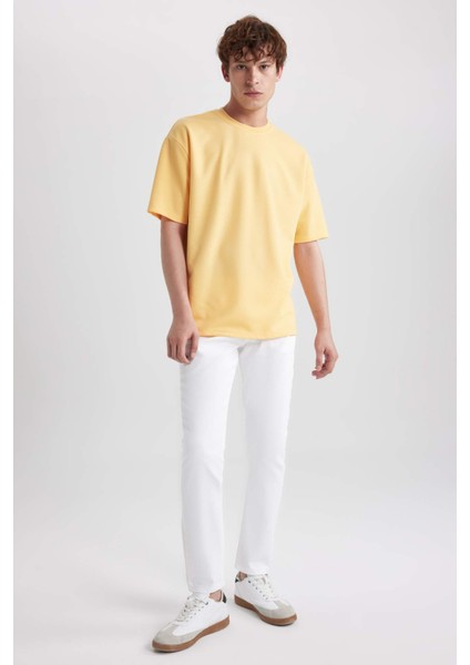 Oversize Geniş Kalıp Bisiklet Yaka Kısa Kollu Basic Düz Ağır Kumaş Tişört X3926AZ23AU