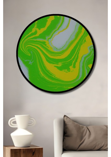 Çerçeve Görünümlü Neon Yeşil Sarı Mermer Desenli Soyut Sanat Dekoratif Ahşap Ofis Yuvarlak Tablo