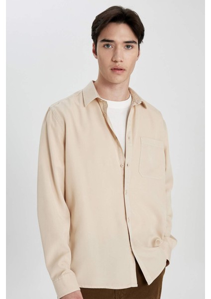 Regular Fit Basic Düz Tensel Uzun Kollu Gömlek