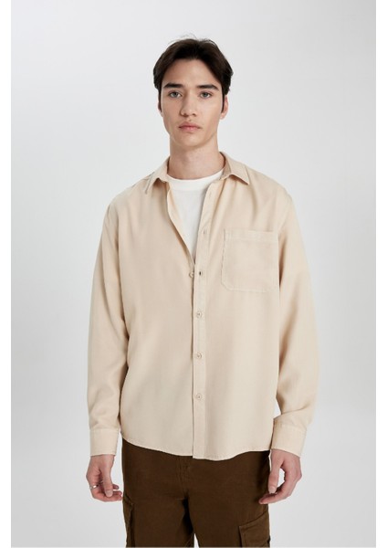 Regular Fit Basic Düz Tensel Uzun Kollu Gömlek