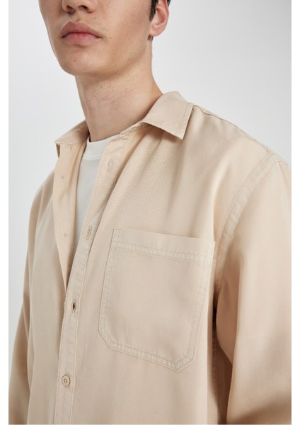 Regular Fit Basic Düz Tensel Uzun Kollu Gömlek