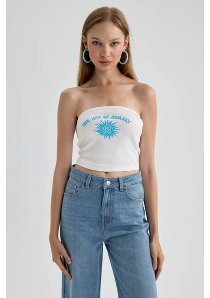 Baskılı Fitilli Kaşkorse Straplez Bluz B3998AX23HS