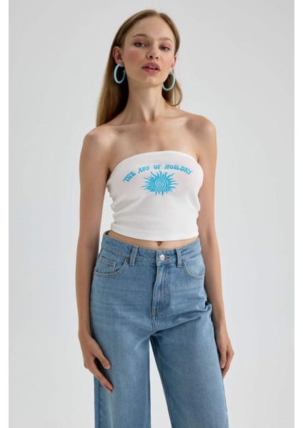 Baskılı Fitilli Kaşkorse Straplez Bluz B3998AX23HS