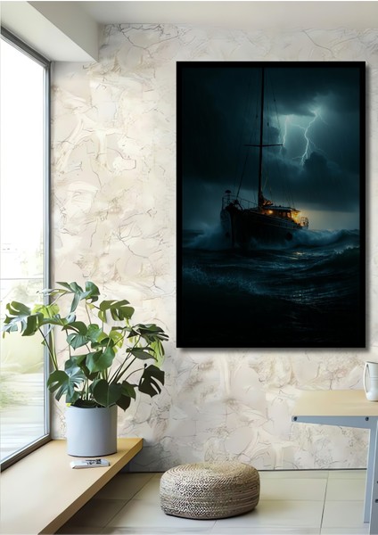 Çerçeve Görünümlü Fırtına Ortasında Yağlı Boya Görünümlü Dekoratif Ahşap Tekne Ofis Kare Tablo