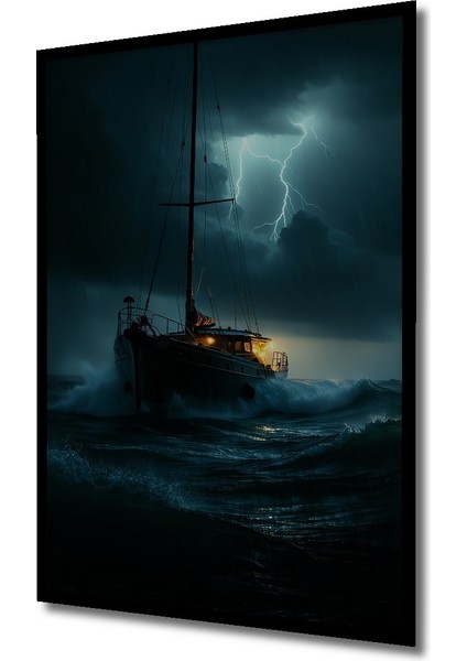 Çerçeve Görünümlü Fırtına Ortasında Yağlı Boya Görünümlü Dekoratif Ahşap Tekne Ofis Kare Tablo fiyatları